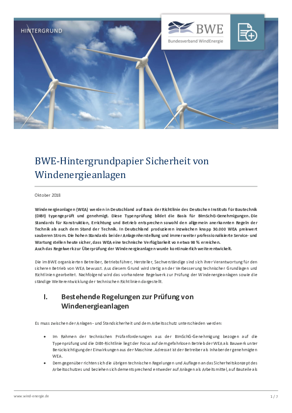 BWE-Hintergrundpapier Sicherheit von Windenergieanlagen