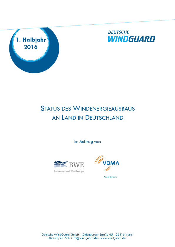 Factsheet Windenergie an Land Halbjahreszahlen 2016