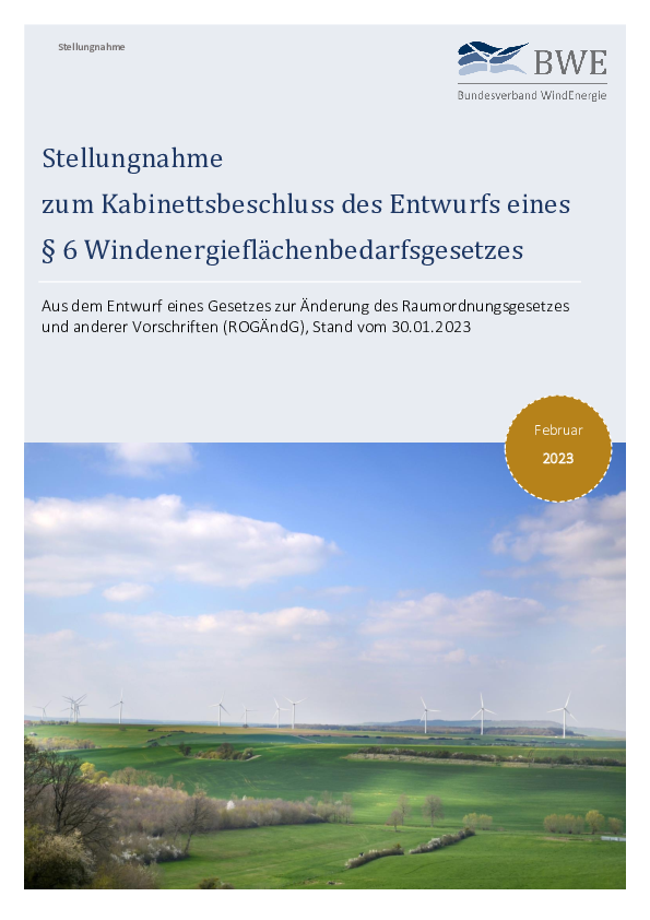BWE-Stellungnahme zum Kabinettsbeschluss des Entwurfs eines § 6 Windenergieflächenbedarfsgesetzes (01/2023)