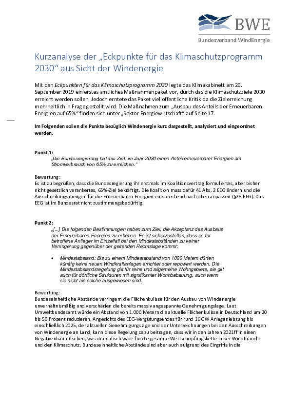 BWE-Kurzanalyse: Klimapaket der Bundesregierung (09/2019)