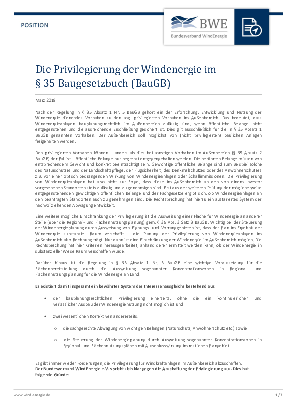 BWE-Positionspapier: Privilegierung der Windenergie im Baugesetzbuch (03/2019)