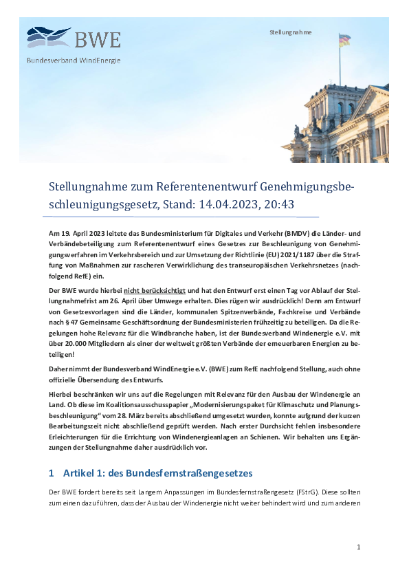 BWE-Stellungnahme: Zum Entwurf für ein Genehmigungsbeschleunigungsgesetz (04/2023)