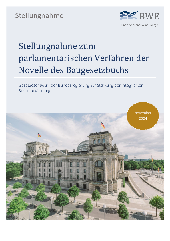BWE-Stellungnahme zum parlamentarischen Verfahren der Novelle des Baugesetzbuchs (11/2024)