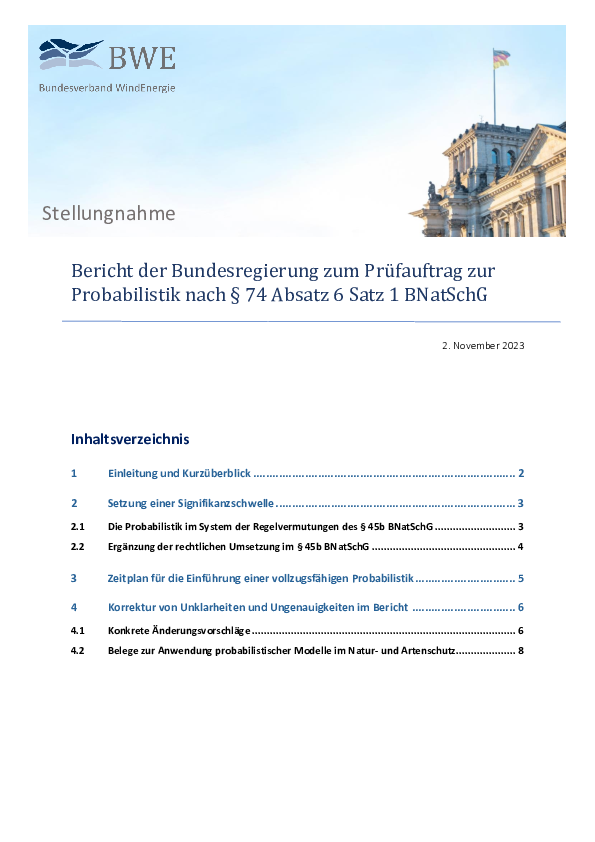 BWE-Stellungnahme: Bericht der Bundesregierung zum Prüfauftrag zur Probabilistik (11/2023)