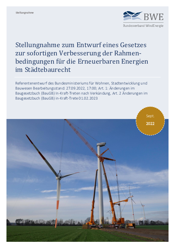 BWE-Stellungnahme zum Städtebaurecht im BauGB (09/2022)