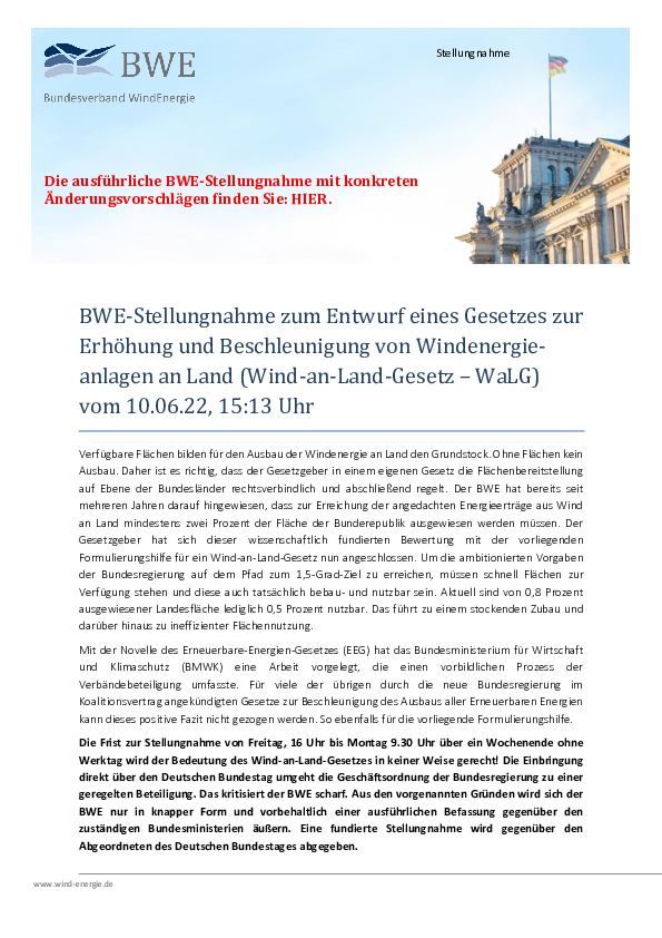 BWE-Stellungnahme zum Entwurf eines Gesetzes zur Erhöhung und Beschleunigung von Windenergieanlagen an Land (06/2022)
