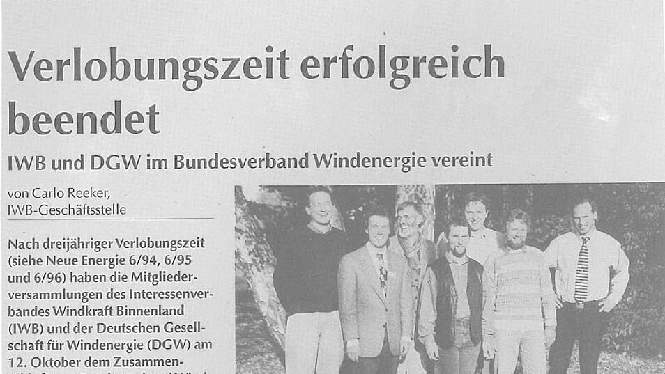Ein Zeitungsartikel der verkündet dass die HWB und DGW zum Bundesverband Windenergie fusioniert ist. 