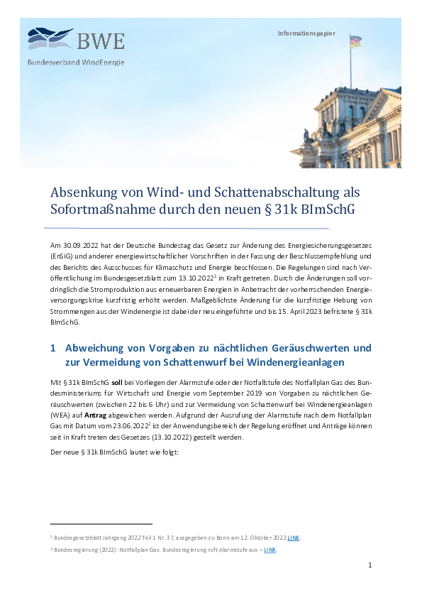BWE-Informationspapier: § 31 BImSchG Schall- und Schattenabschaltungen (10/2022)