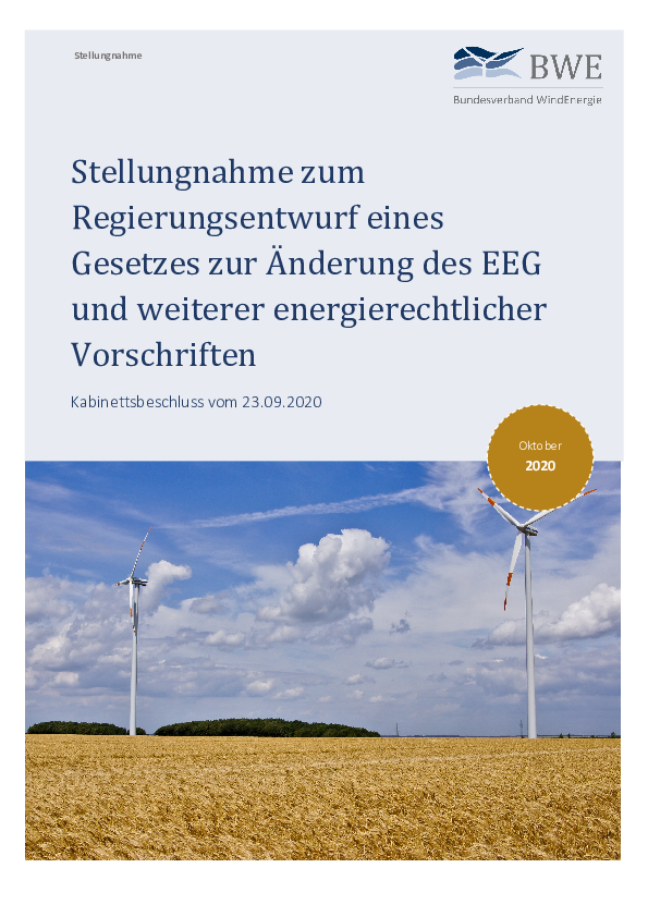 BWE Stellungnahme zum Entwurf eines Gesetzes zur Änderung des EEG und weiterer energierechtlicher Vorschriften