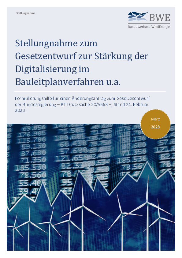 BWE-Stellungnahme: zum Gesetzentwurf zur Stärkung der Digitalsierung im Bauleitplanverfahren (03/2023)