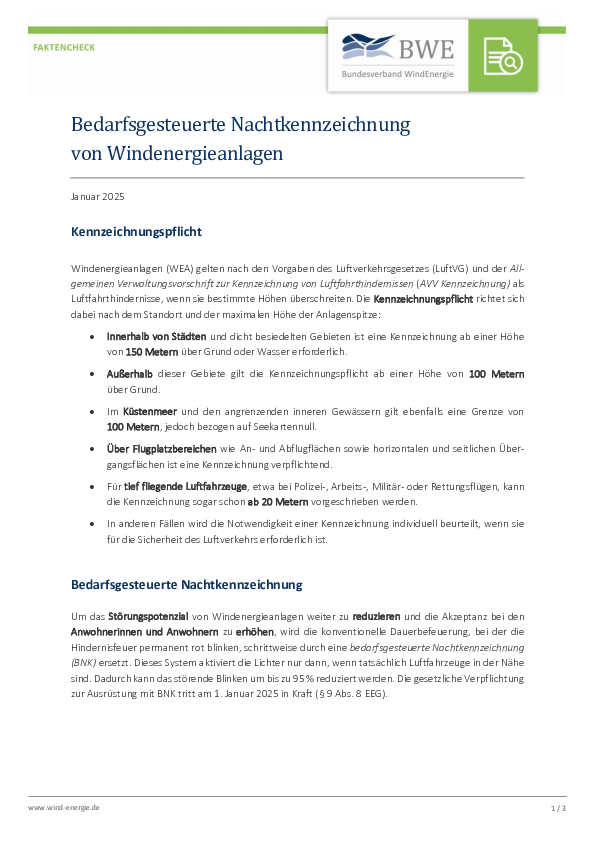 Faktencheck: Bedarfsgesteuerte Nachtkennzeichnung von Windenergieanlagen (01/2025)
