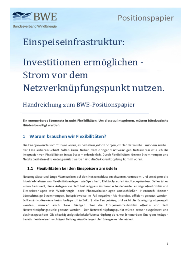 Kurzpapier: Investitionen ermöglichen - Strom vor dem Netzverknüpfungspunkt nutzen.