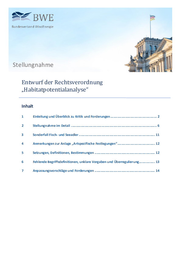 BWE-Stellungnahme: Zum Entwurf der Rechtsverordnung "Habitatpotentialanalyse" (01/2024)