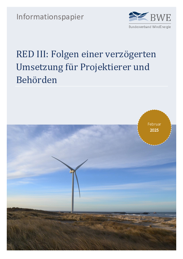 BWE-Informationspapier: RED III: Folgen einer verzögerten Umsetzung für Projektierer und Behörden (02/2025)