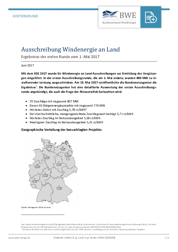 Ausschreibung Windenergie an Land – Ergebnisse der ersten Runde vom 1. Mai 2017
