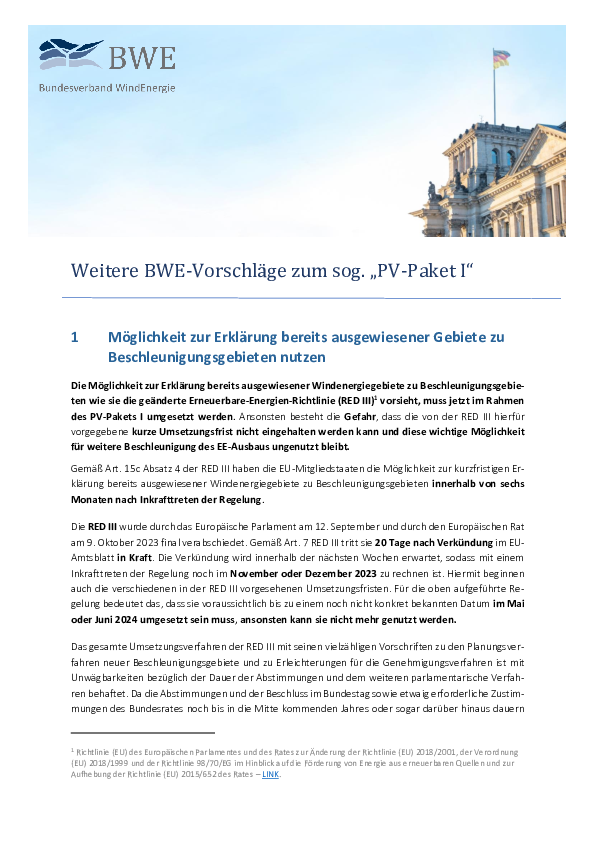 BWE-Positionspapier: Weitere Vorschläge PV-Paket I (10/2023)