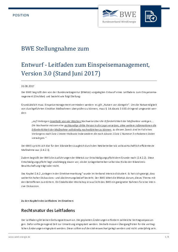 BWE-Stellungnahme zum Einspeisemanagement (Stand 07/2017)