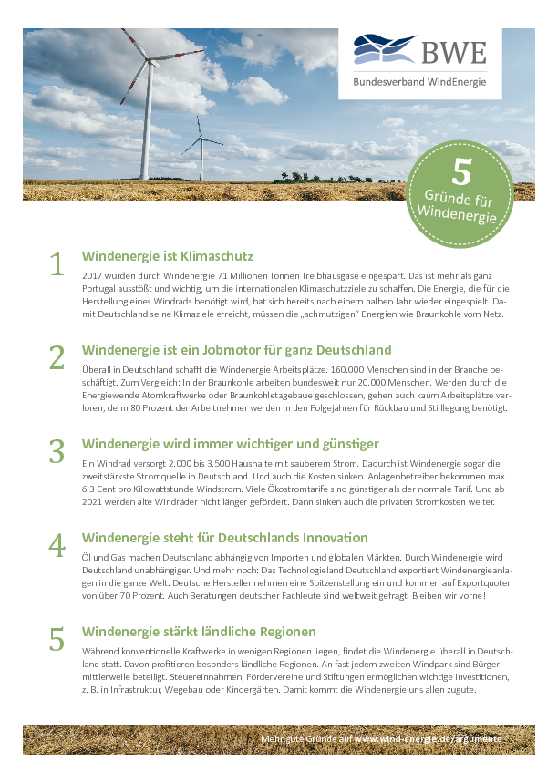 Medienpapier "5 Gründe für Windenergie"