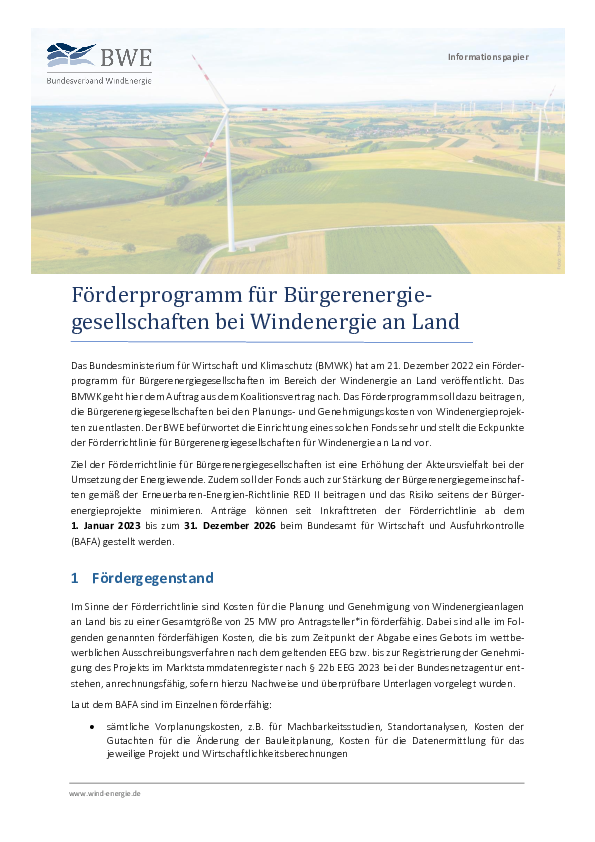 BWE-Informationspapier: Förderprogramm für Bürgerenergiegesellschaften bei Windenergie an Land (01/2023)