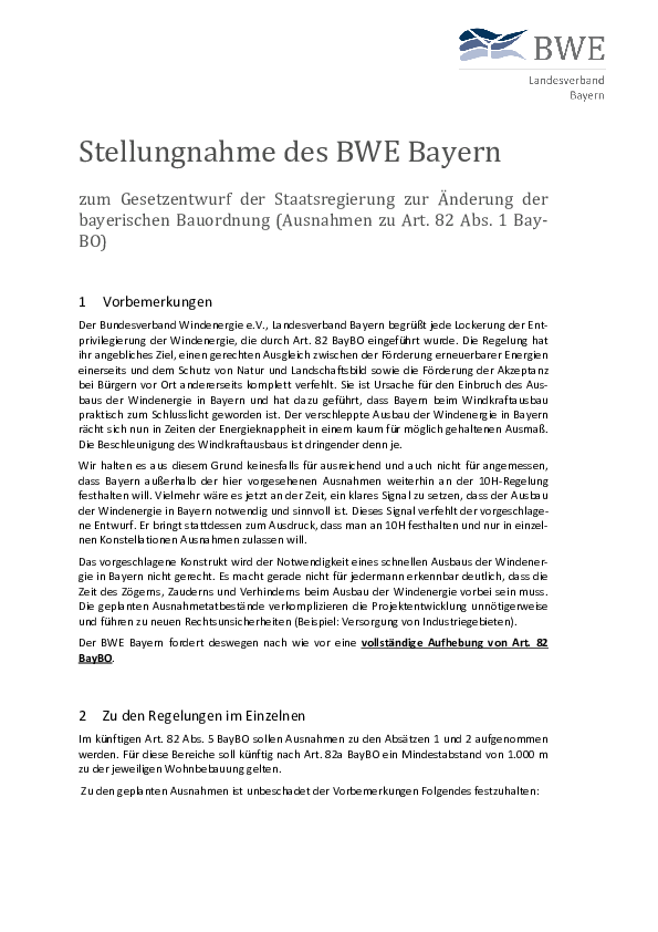 Stellungnahme des BWE Bayern zur Bayerischen Bauordnung (Ausnahmen zu Art. 82 Abs. 1 Bay-BO)