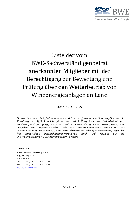 Liste der vom BWE-Sachverständigenbeirat anerkannten Mitglieder mit der Berechtigung zur Bewertung und Prüfung über den Weiterbetrieb von Windenergieanlagen an Land