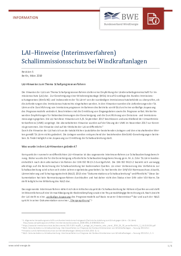 BWE-Infopapier: LAI-Hinweise Schallimmissionen bei Windkraftanlagen (03/2019)