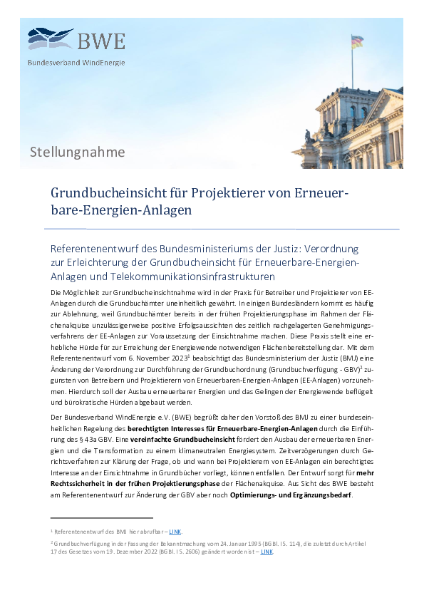 BWE-Stellungnahme: Grundbucheinsicht für Projektierer von Erneuerbare-Energien-Anlagen (12/2023)