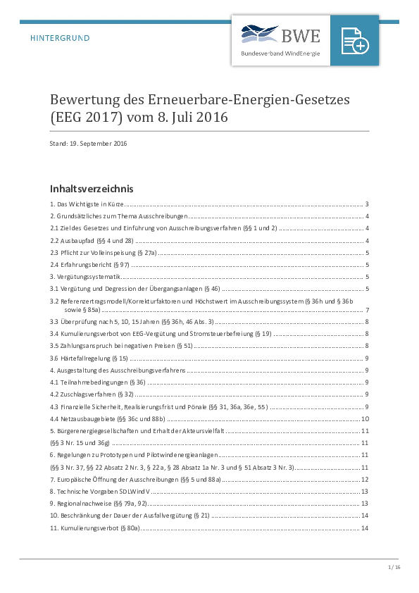 BWE-Hintergrundpapier: Bewertung des EEG 2017