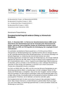 Gemeinsame Pressemitteilung von BDEW, BNE, BWE, BEE und VKU zur Ankündigung der Umweltministerkonferenz