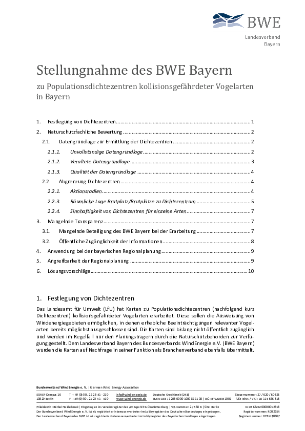 Stellungnahme des BWE Bayern zu "Populationsdichtezentren"