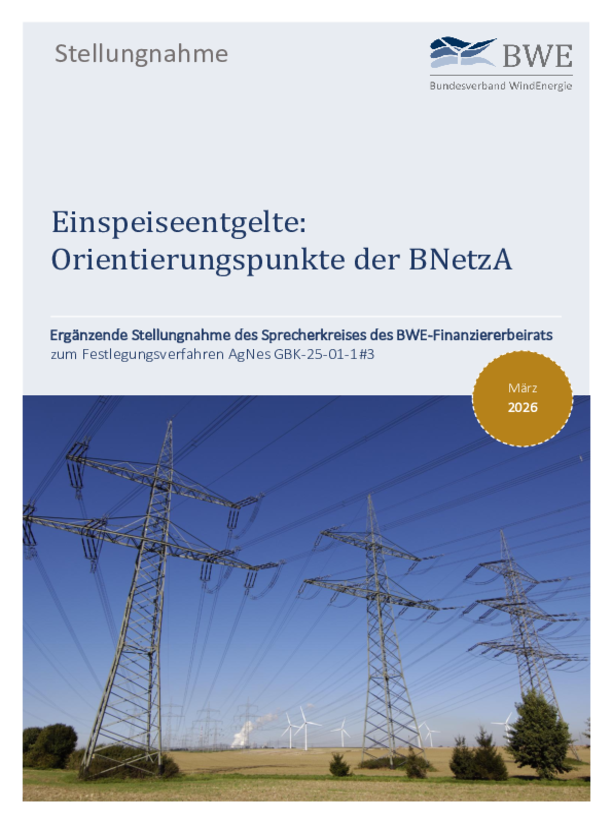 Finanziererbeirat Stellungnahme: Einspeiseentgelte: Orientierungspunkte der BNetzA