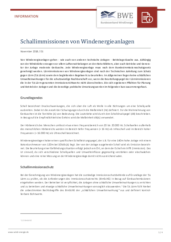 BWE-Infopapier: Schall aus Windenergieanlagen (11/2018)