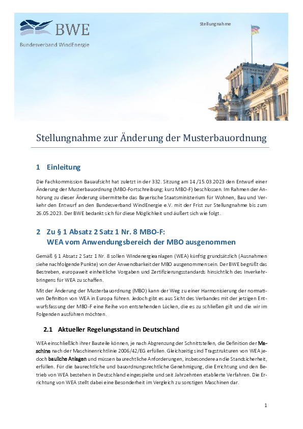 BWE-Stellungnahme zur Änderung der Musterbauordnung (05/2023)