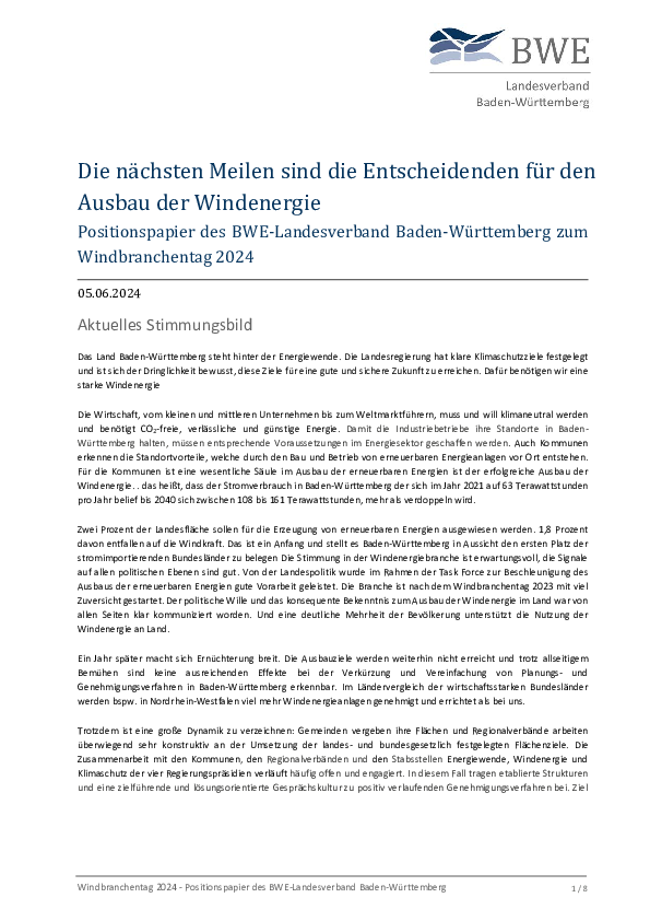 BWE-Positionspapier: Die nächsten Meilen sind die entscheidenden für den Ausbau der Windenergie (06/2024)