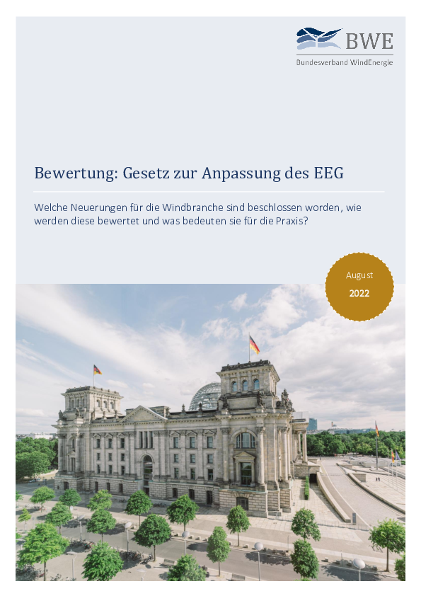 BWE Bewertung: Gesetz zur Anpassung des EEG (08/2022)