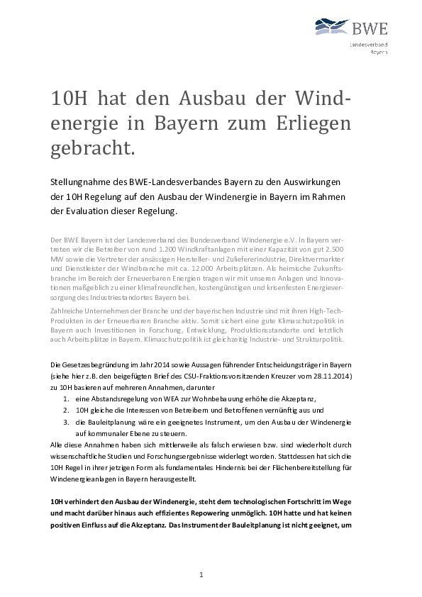 Stellungnahme des BWE Bayern zur Evaluierung von 10H