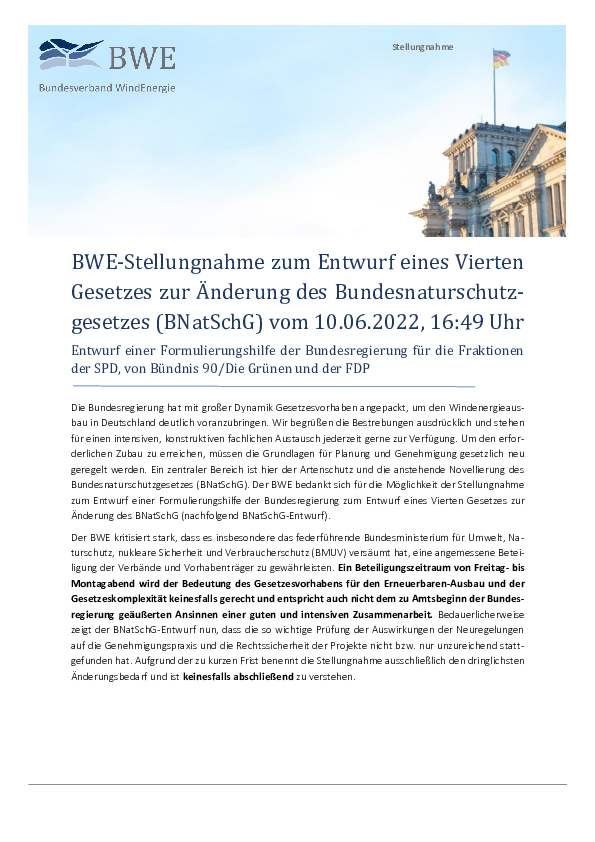BWE-Stellungnahme zur BNatSchG Formulierungshilfe (06/2022)