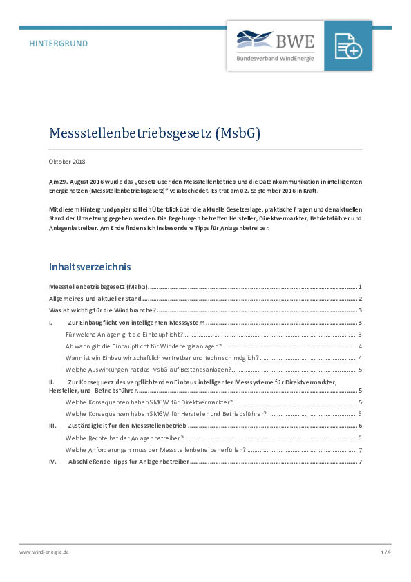 BWE-Hintergrundpapier: Messstellenbetriebsgesetz (10/2018)