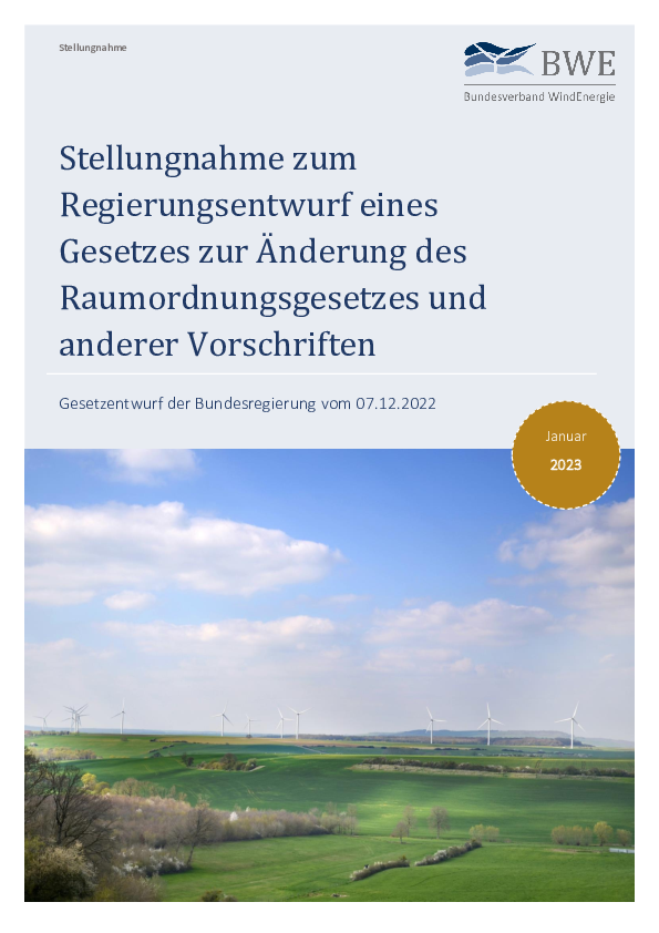 BWE-Stellungnahme zum Regierungsentwurf zur Änderung des Raumordnungsgesetzes (01/2023)