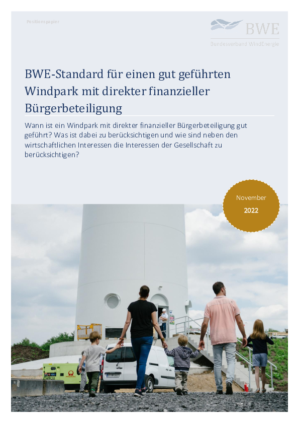 BWE-Positionspapier: Standard für einen gut geführten Windpark mit direkter finanzieller Bürgerbeteiligung (11/2022)
