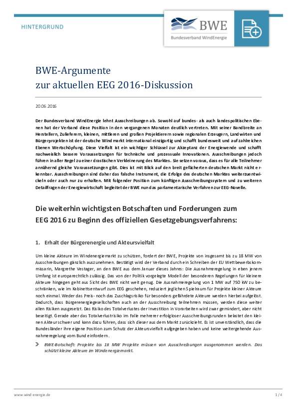 Argumentationspapier zur EEG-Novelle 2016