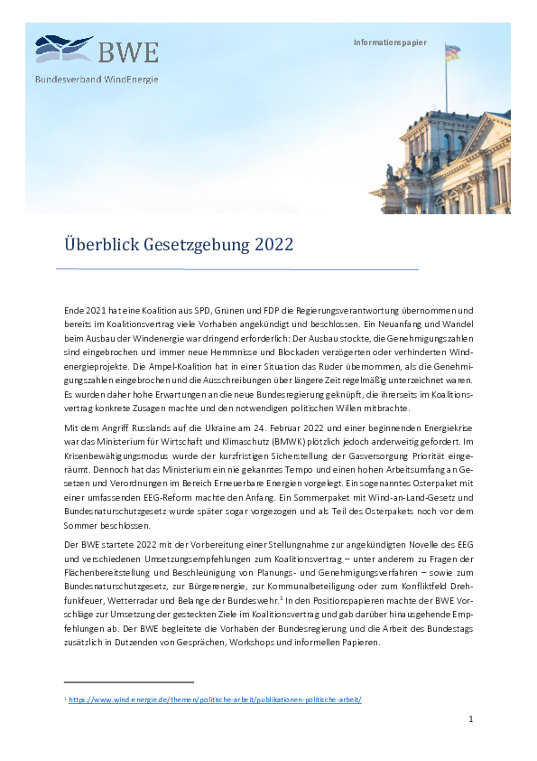 BWE-Informationspapier: Übersicht Gesetzgebung 2022