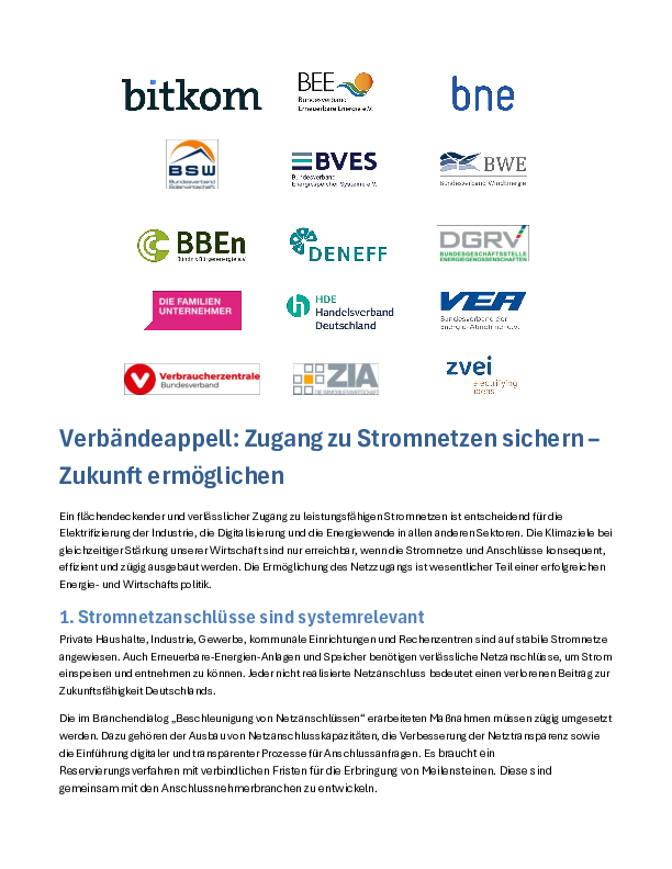 Verbändeappell: Zugang zu Stromnetzen sichern – Zukunft ermöglichen