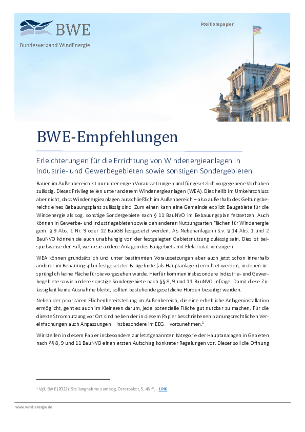 BWE-Positionspapier: Errichtung von WEA in Industrie- und Gewerbegebieten (06/2022)