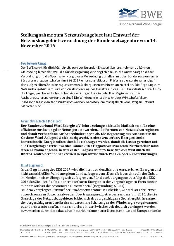 BWE-Stellungnahme zum Netzausbaugebiet (Stand: 12/2016)