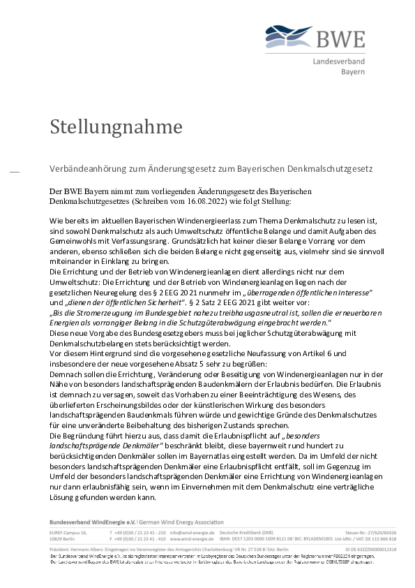 Stellungnahme des BWE Bayern zur Änderung des Bayerischen Denkmalschutzgesetzes