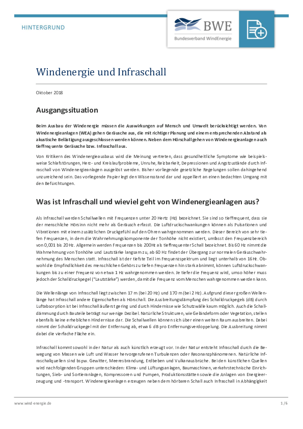 BWE-Hintergrundpapier: Windenergie und Infraschall (10/2018)