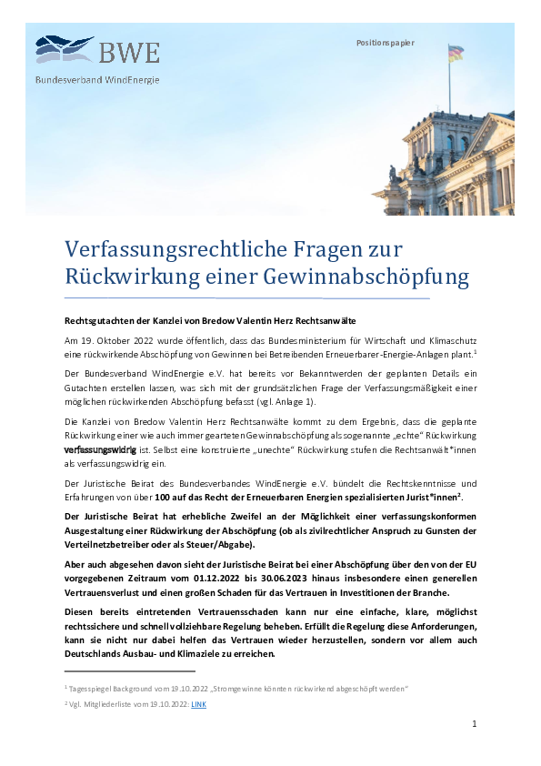 BWE-Positionspapier: Verfassungsrechtliche Fragen zur Rückwirkung einer Gewinnabschöpfung (10/2022)