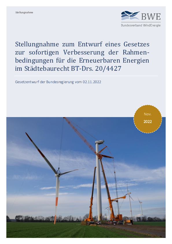 BWE-Stellungnahme zum Entwurf eines Gesetzes zur sofortigen Verbesserung der Rahmenbedingungen für die Erneuerbaren im Städtebaurecht (11/2022)