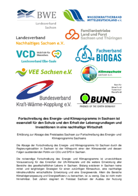 Verbändeerklärung zur Absage des Freistaates Sachsen zur Fortschreibung des Energie- und Klimaprogramms
